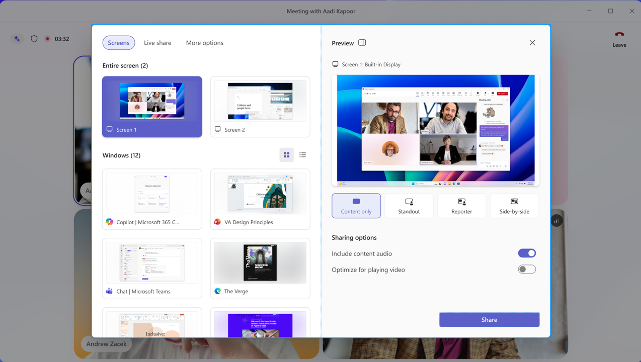 Das neue Share-Panel in Microsoft Teams mit strukturierter Tab-Übersicht und Live-Vorschau