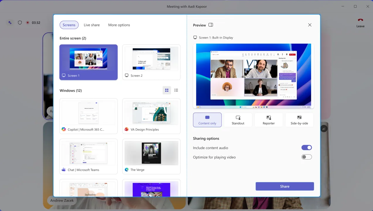 Das neue Share-Panel in Microsoft Teams mit strukturierter Tab-Übersicht und Live-Vorschau